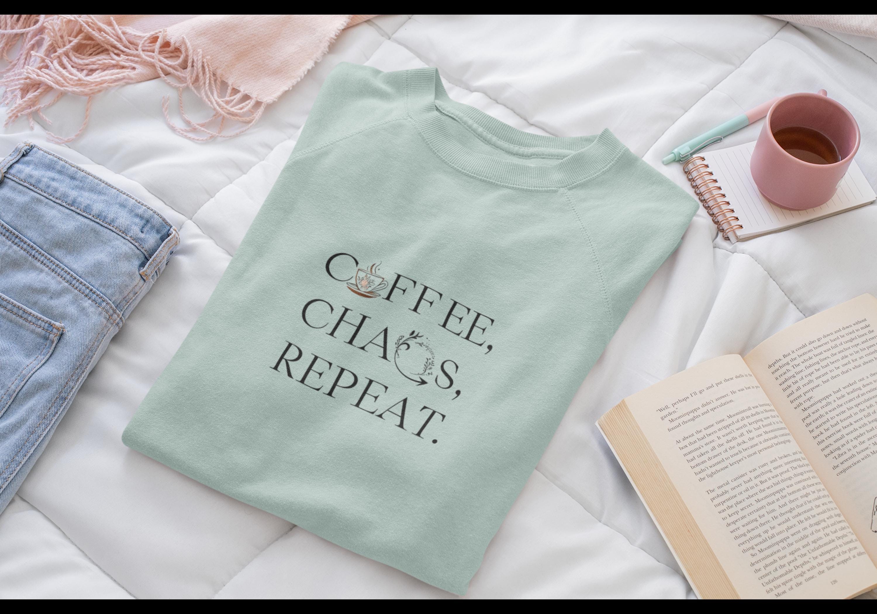 Coffee Chaos Repeat Cropped Sweatshirt Mom Gift Coffee Lover Top Women's Pullover Graphic Print Jumper