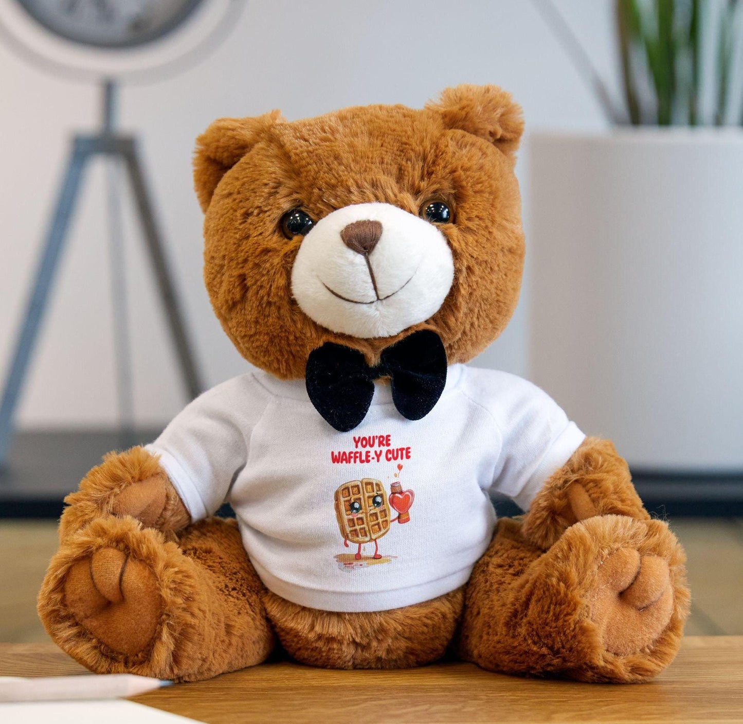 Waffley Cute Plushie Adorable Teddy Bear with Bow Tie and TShirt Cute Stuffed Animal Toy Soft Cuddly Bear Kids Gift Nursery Decor