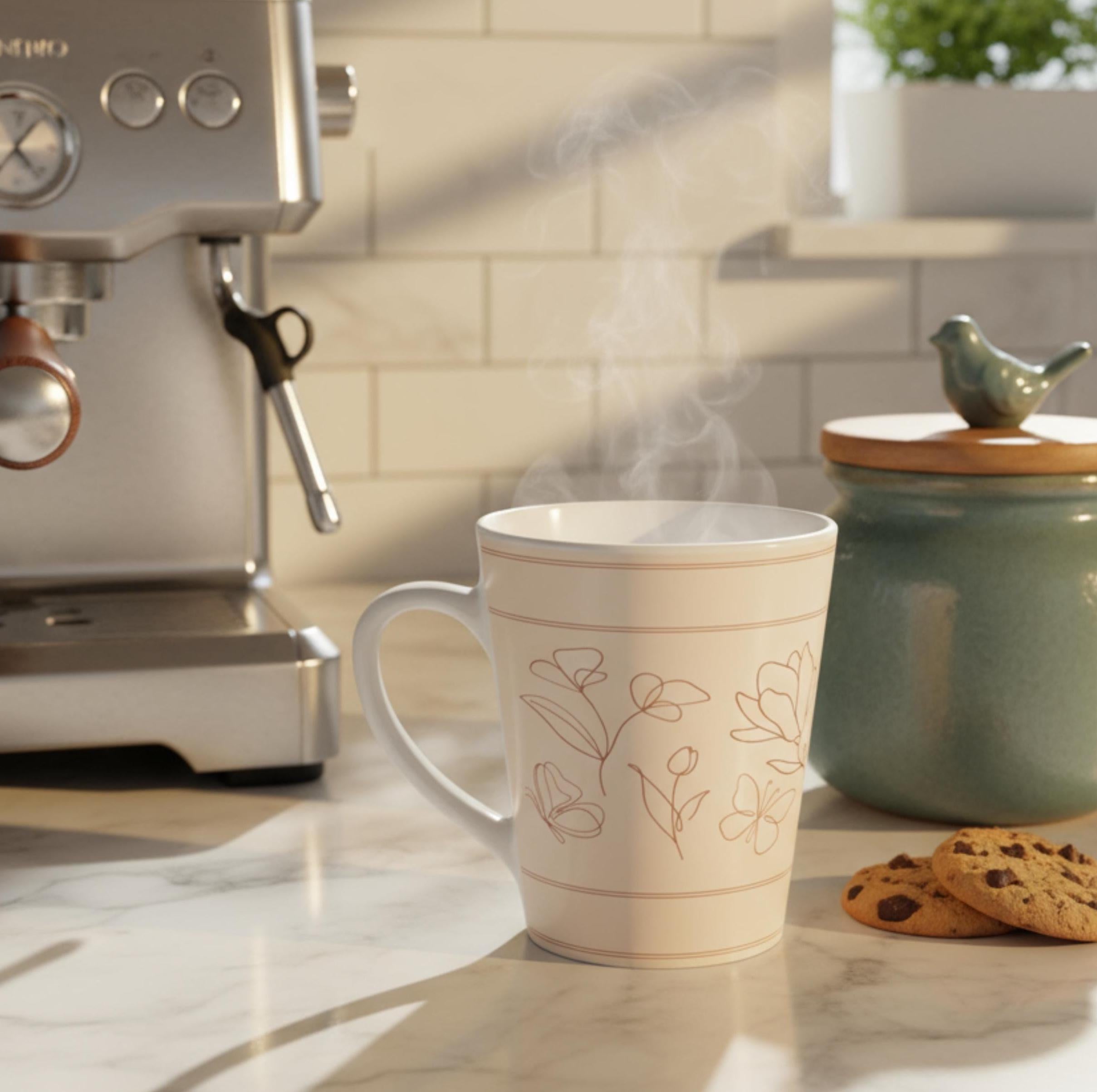 Elegant Floral Latte Cup Line Art Gift for Coffee Lover Vintage Floral Coffee Mug Minimal Tea Cup Ceramic Drinkware Floral Kitchen Decor