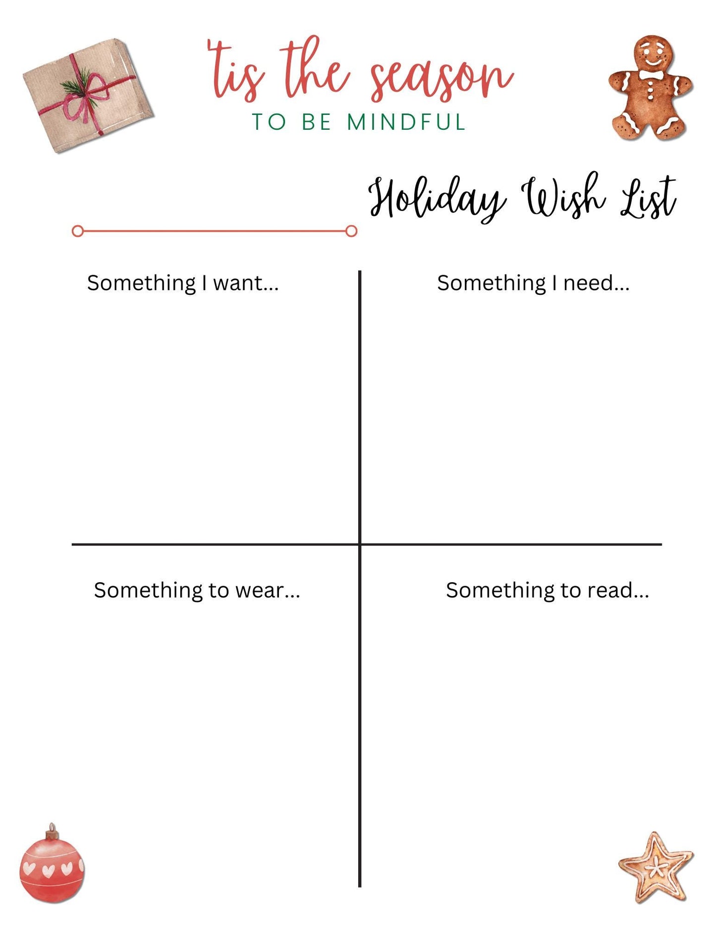 Minimalist Christmas Wish List Digital Gift List Printable PDF List Template for Kids Grandkids Simple Present System Holidays Birthdays