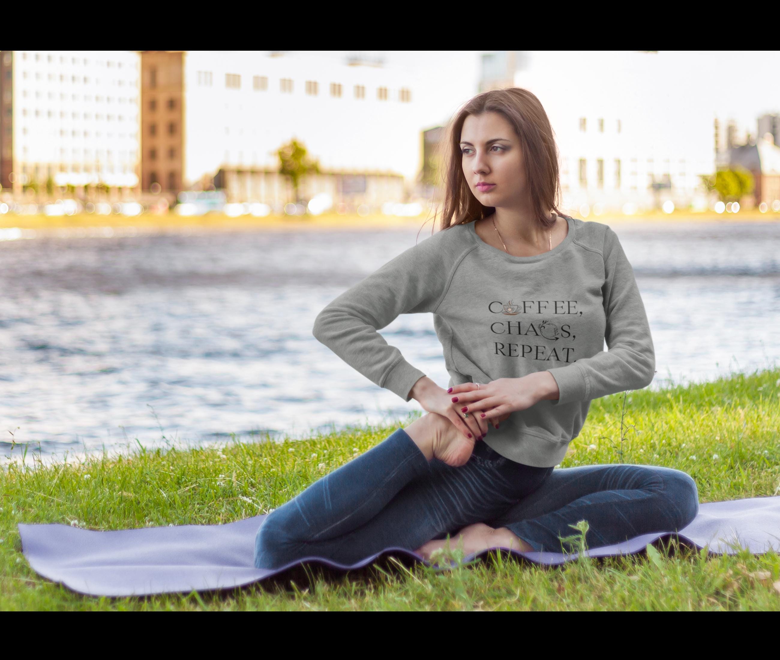 Coffee Chaos Repeat Cropped Sweatshirt Mom Gift Coffee Lover Top Women's Pullover Graphic Print Jumper