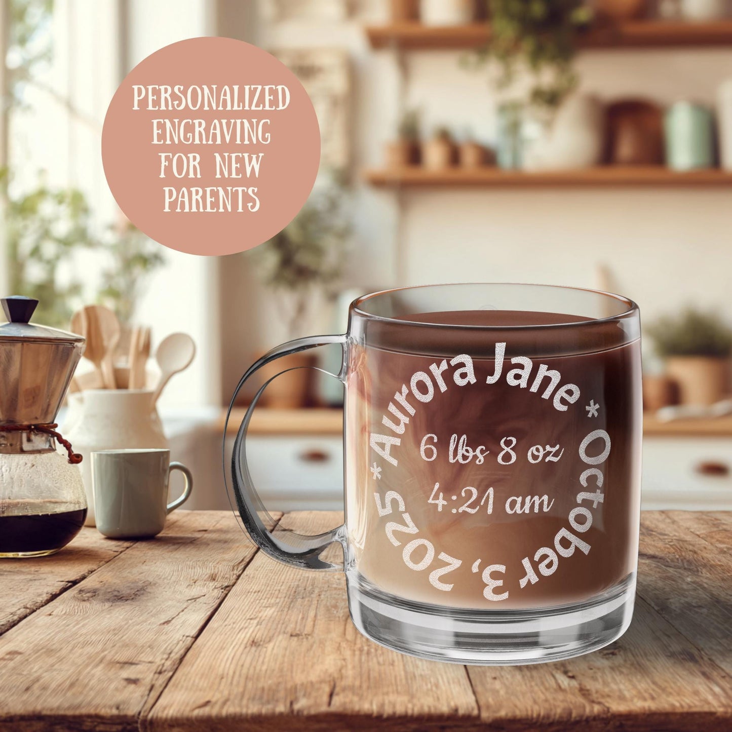 Personalized New Baby Family of 3 Glass Mug New Parents Gift Engraved Coffee Cup Birth Keepsake Custom Mug Baby Shower Gift