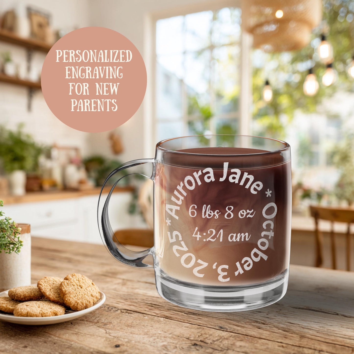 Personalized New Baby Family of 3 Glass Mug New Parents Gift Engraved Coffee Cup Birth Keepsake Custom Mug Baby Shower Gift