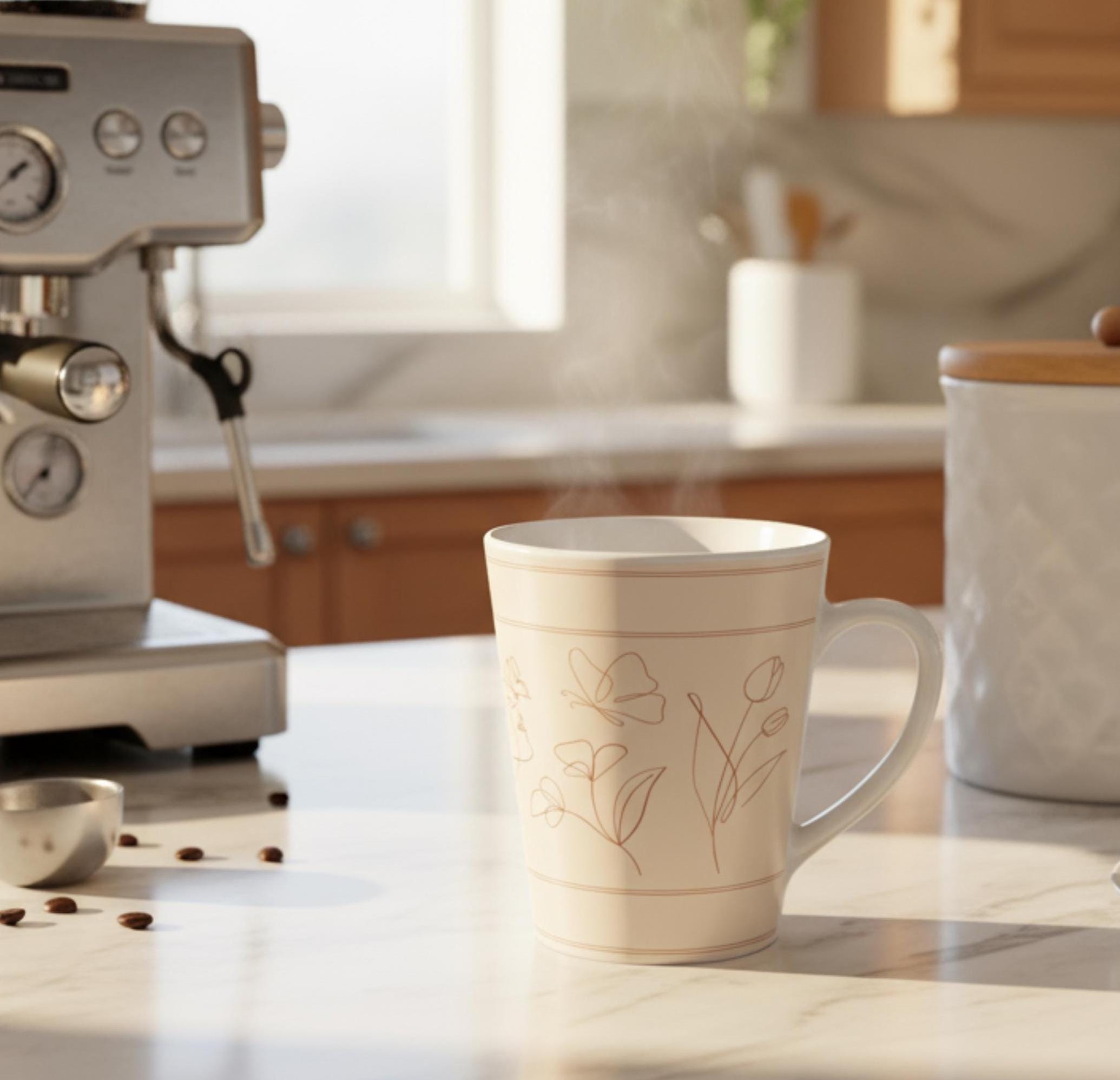 Elegant Floral Latte Cup Line Art Gift for Coffee Lover Vintage Floral Coffee Mug Minimal Tea Cup Ceramic Drinkware Floral Kitchen Decor