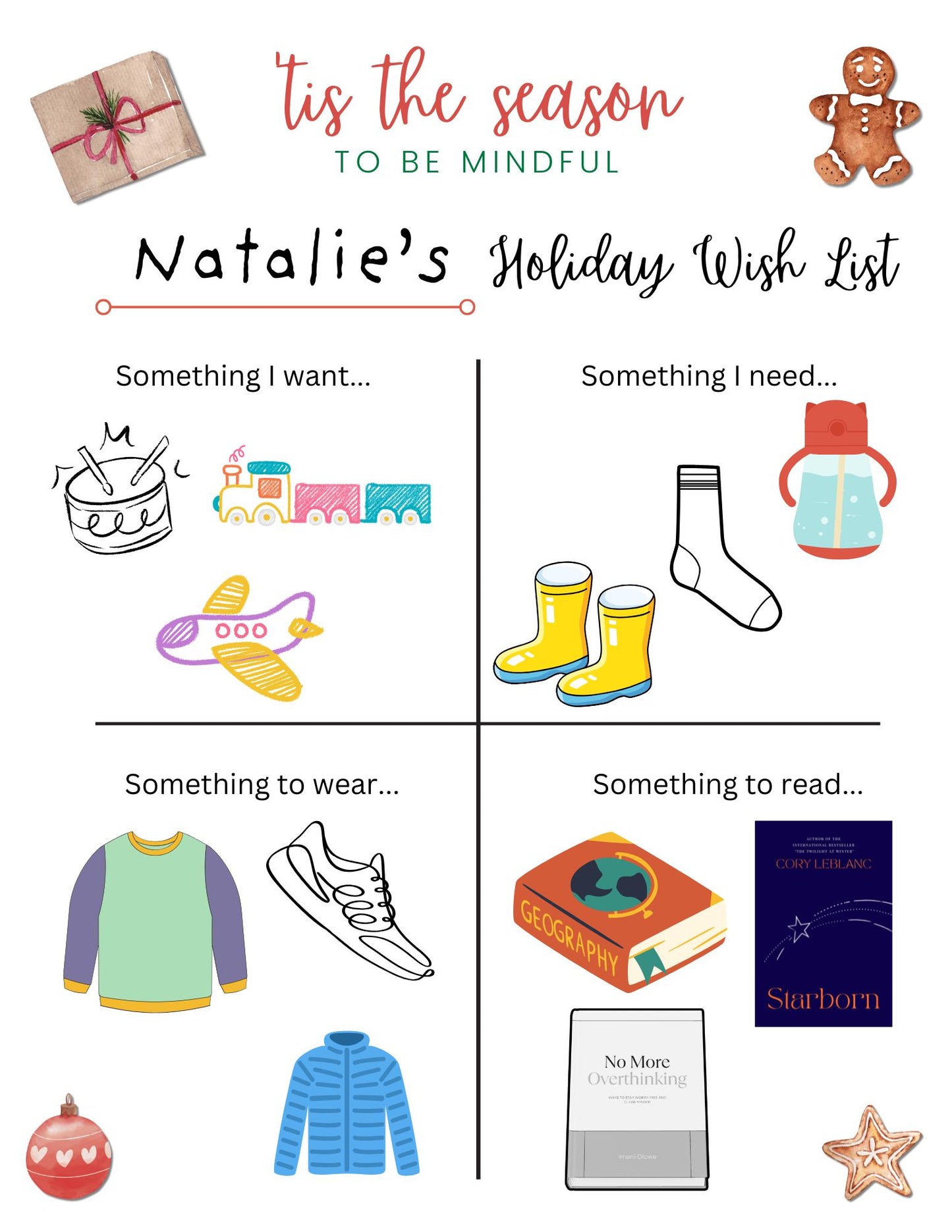 Minimalist Christmas Wish List Digital Gift List Printable PDF List Template for Kids Grandkids Simple Present System Holidays Birthdays