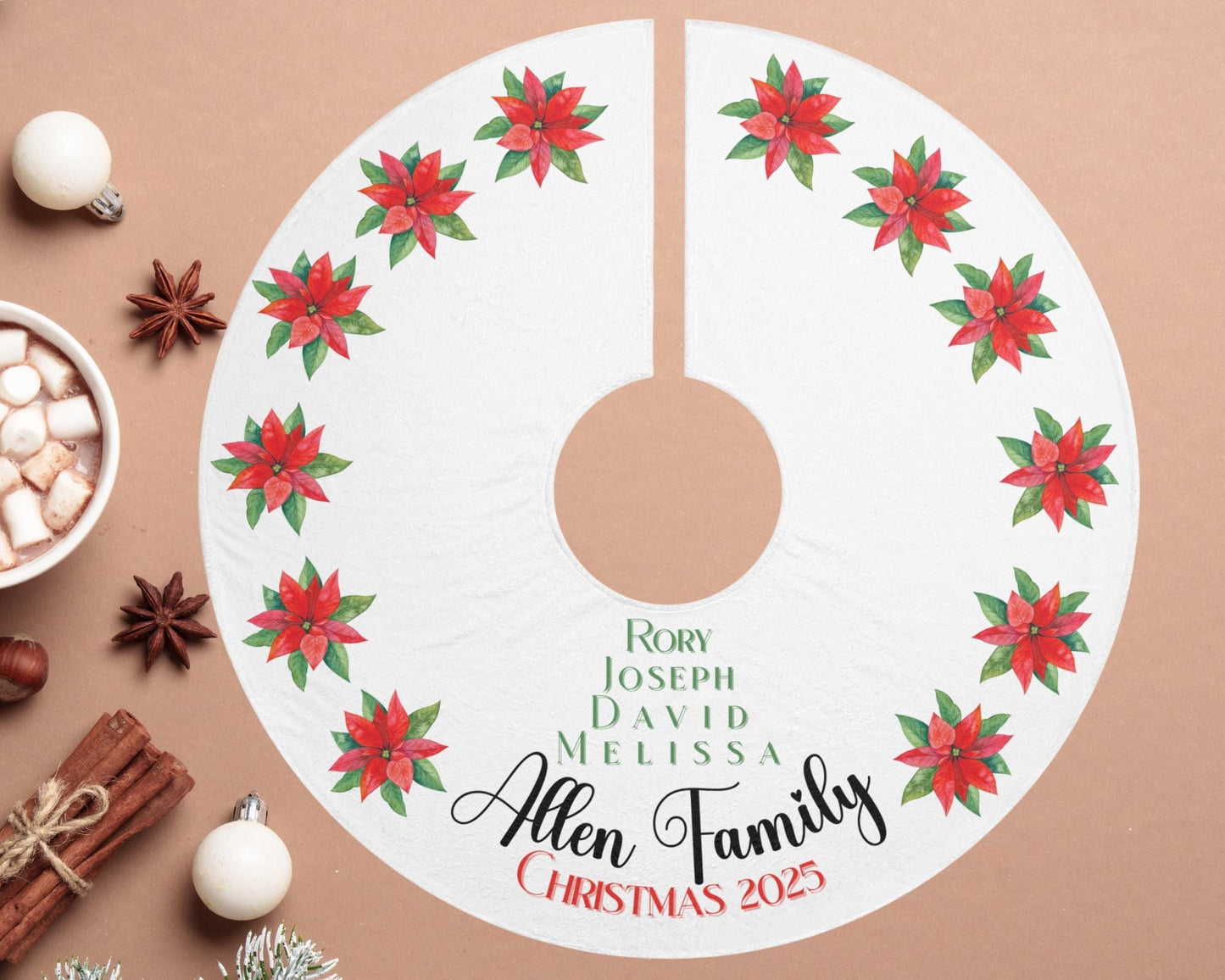Personalized Christmas Tree Skirt Custom Family Name Holiday Tree Skirt Poinsettia Floral Design Elegant Christmas Decor Family Gift Idea