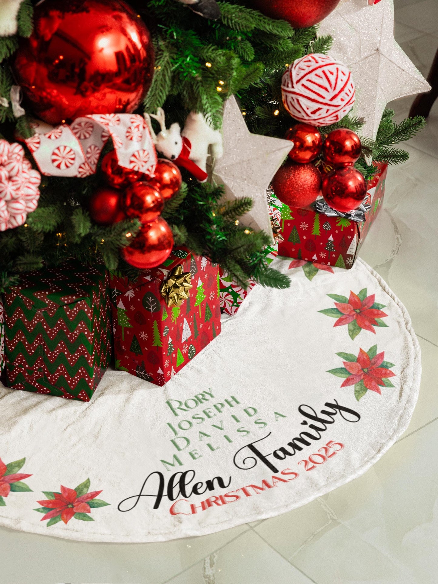Personalized Christmas Tree Skirt Custom Family Name Holiday Tree Skirt Poinsettia Floral Design Elegant Christmas Decor Family Gift Idea