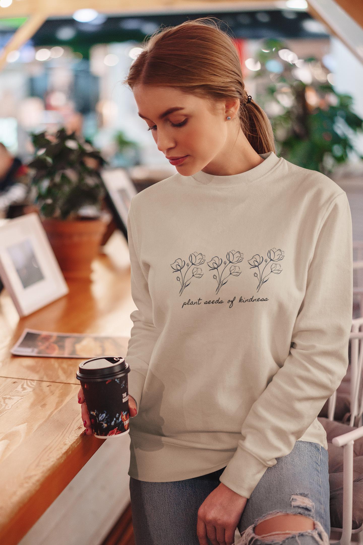 Kindness Floral Wildflower Sweatshirt, Minimalist Botanical Plant Seeds Crewneck, Cozy Unisex Jumper Pullover, Gardener Nature Lover Gift